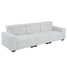 306*96*83cm Teddy Velvet, 26cm Fully Detachable Armrests, Three-Seater With Side Pockets, Backrest Pull Points, Indoor Multi-Person Sofa, Off-White