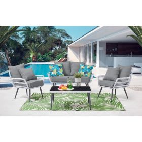 Manhattan Comfort Portofino Rope Wicker 4-Piece Patio Conversation Set with Cushions in Grey