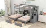 Twin over Twin&Twin Bunk Bed;  Triple Bunk Bed with Drawers;  Staircase with Storage;  Built-in Shelves