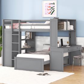 Full size Loft Bed with a twin size Stand-alone bed, Shelves,Desk,and Wardrobe (Color: Gray)