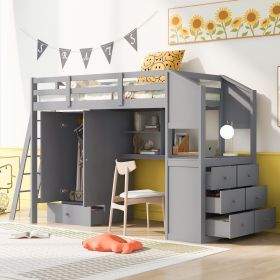 Twin Size Loft Bed with Wardrobe and Drawers;  attached Desk with Shelves (Color: Gray)