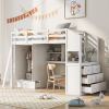 Twin Size Loft Bed with Wardrobe and Drawers;  attached Desk with Shelves