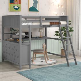 Full size Loft Bed with Drawers and Desk;  Wooden Loft Bed with Shelves (Color: Gray)