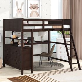 Full size Loft Bed with Drawers and Desk;  Wooden Loft Bed with Shelves (Color: Espresso)
