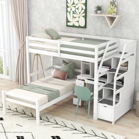 Twin Size Loft Bed with a Stand-alone Bed;  Storage Staircase;  Desk;  Shelves and Drawers (Color: White)