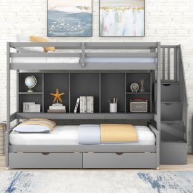 Twin XL over Full Bunk Bed with Built-in Storage Shelves;  Drawers and Staircase (Color: Gray)