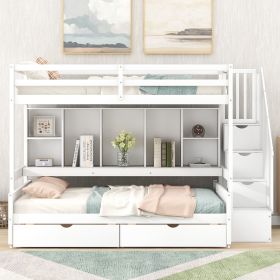 Twin XL over Full Bunk Bed with Built-in Storage Shelves;  Drawers and Staircase (Color: White)