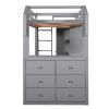 Twin Size Loft Bed with Wardrobe and Drawers;  attached Desk with Shelves