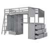 Twin Size Loft Bed with Wardrobe and Drawers;  attached Desk with Shelves