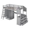 Twin Size Loft Bed with Wardrobe and Drawers;  attached Desk with Shelves