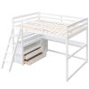 Full Size Loft Bed with Desk and Shelves; Two Built-in Drawers