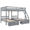 Full Over Twin & Twin Bunk Bed, Wood Triple Bunk Bed with Drawers and Guardrails