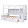 Twin XL over Full Bunk Bed with Built-in Storage Shelves;  Drawers and Staircase