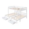 Full Over Twin & Twin Bunk Bed, Wood Triple Bunk Bed with Drawers and Guardrails