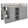 Functional Loft Bed with 3 Shelves;  2 Wardrobes and 2 Drawers;  Ladder with Storage;  No Box Spring Needed