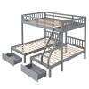 Full Over Twin & Twin Bunk Bed, Wood Triple Bunk Bed with Drawers and Guardrails