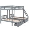 Full Over Twin & Twin Bunk Bed, Wood Triple Bunk Bed with Drawers and Guardrails